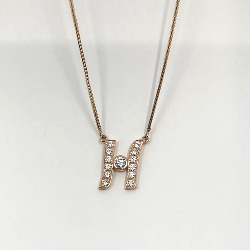 Custom Pendant and Chain with H in Diamonds with Gold Chain