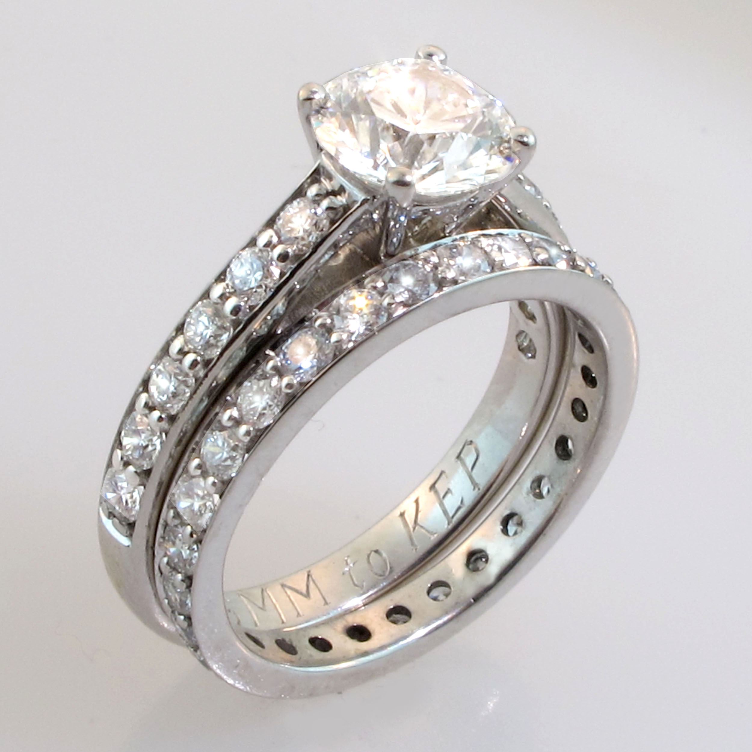 Engagement ring with matching wedding band wedding ring 4-prong center diamond pavee setting