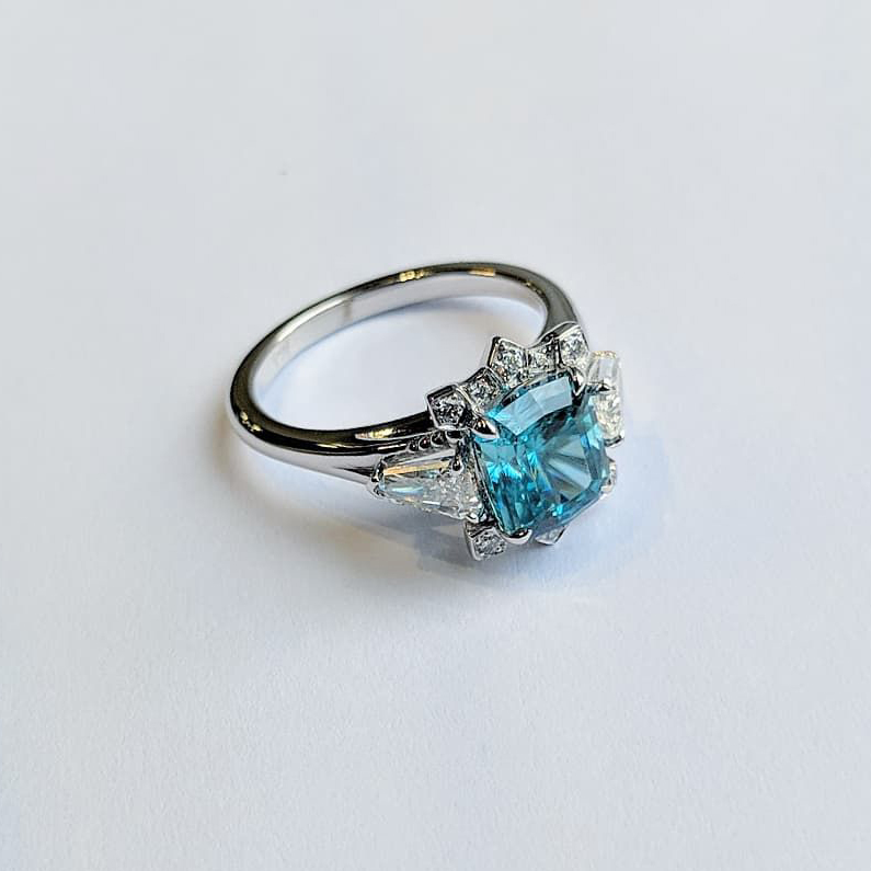 Ocean Ice' Natural blue zircon with diamonds Engagement Ring in White Gold