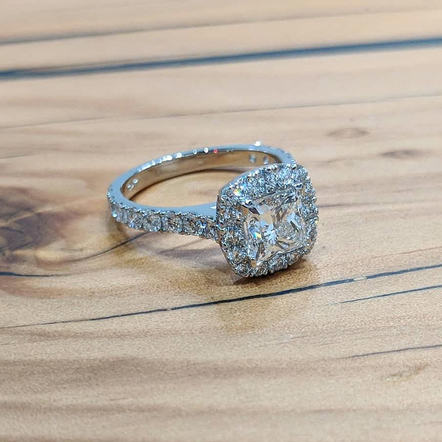 princess cut halo set diamond engagement ring pavee