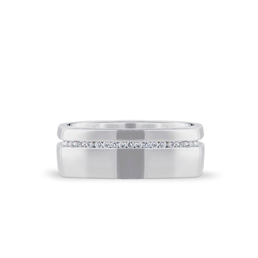 Men's Ring with Channel Set Diamonds in White Gold- front view