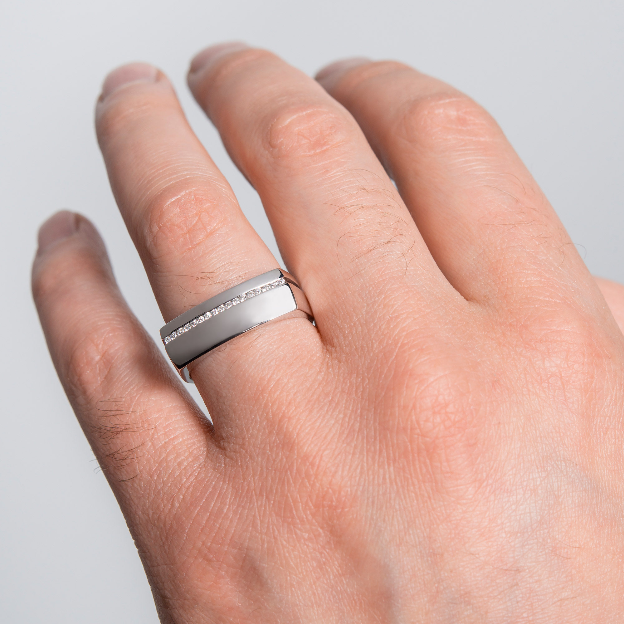 Men's Ring with Channel Set Diamonds in White Gold- on-model view